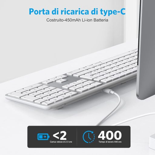 OMOTON Bluetooth Billentyűzet Mac-hez, Olasz Kiosztás, Numerikus Billentyűzet, MacBook Air/Pro/iMac Kompatibilis, Fehér