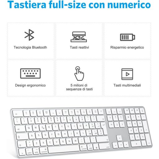 OMOTON Bluetooth Billentyűzet Mac-hez, Olasz Kiosztás, Numerikus Billentyűzet, MacBook Air/Pro/iMac Kompatibilis, Fehér