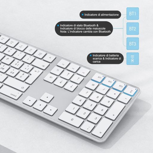 OMOTON Bluetooth Billentyűzet Mac-hez, Olasz Kiosztás, Numerikus Billentyűzet, MacBook Air/Pro/iMac Kompatibilis, Fehér