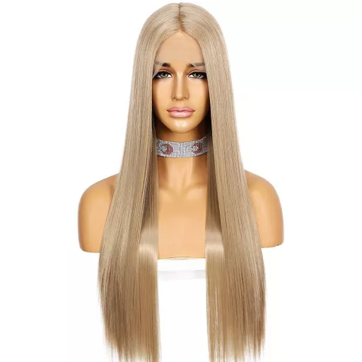 Perucă lungă și dreaptă, blond cenușiu, cu dantelă frontală, pentru femei, marca Sapphirewigs