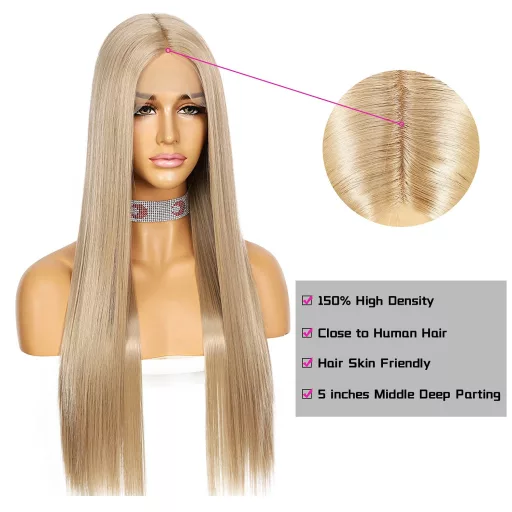 Perucă lungă și dreaptă, blond cenușiu, cu dantelă frontală, pentru femei, marca Sapphirewigs