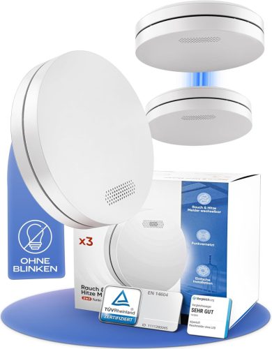 ALPENLUFT 3 db Vezeték Nélküli Füstérzékelő Készlet - 10 Éves élettartammal, 2in1 Hő- és Füstérzékelő, Hálózatba Köthető LED Villogás