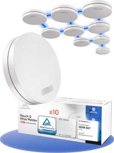 ALPENLUFT 10 db Vezeték Nélküli Füstérzékelő 10 Éves élettartammal- 2in1 Füst- és Hőriasztó, Hálózatba Köthető, Fúrás Nélküli, LED Villogásmentes
