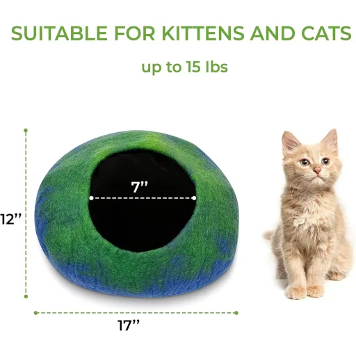 Peștera pentru pisici Woolygon, din lână - Ascunzătoare ecologică din pâslă, lucrată manual din lână merinos 100%, cu funcție de auto-încălzire, pentru pisici de toate dimensiunile, Ind