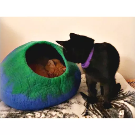 Peștera pentru pisici Woolygon, din lână - Ascunzătoare ecologică din pâslă, lucrată manual din lână merinos 100%, cu funcție de auto-încălzire, pentru pisici de toate dimensiunile, Ind