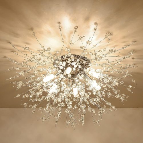 Rayofly Lampă de Plafon Modernă cu Cristale - Candelabru Păpădie Sputnik cu 6 Becuri, Lustră Aurie pentru Dormitor, Living, Sufragerie