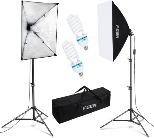 FGen Softbox Fotó Stúdió Szett 2x50x70cm - 135W 5500K Fotólámpa E27 Foglalattal, 2m Állítható Állvánnyal Portré és Termékfotózáshoz