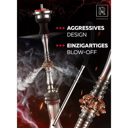 Set narghilea complet M. ROSENFELD - Oțel inoxidabil, 3 capete de lup, cu suport LED iluminat și telecomandă - 85 cm