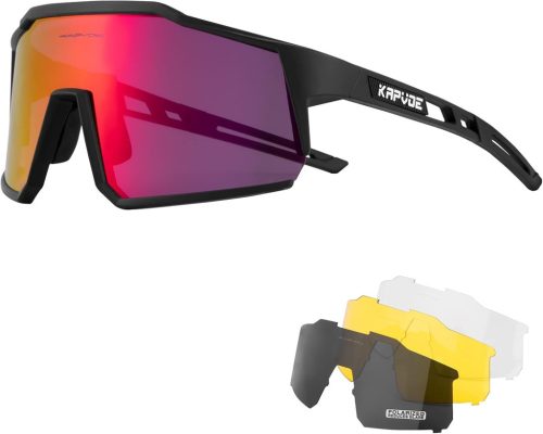 Ochelari de ciclism polarizați KAPVOE cu 4 lentile interschimbabile - Ochelari sport unisex roșu-negru