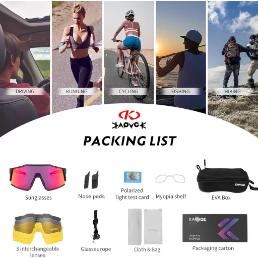 KAPVOE Polarizačné Cyklistické Okuliare so 4 Vymeniteľnými Šošovkami - Červeno-Čierne Unisex Športové Okuliare