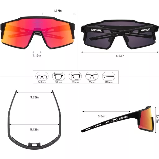 KAPVOE Polarizačné Cyklistické Okuliare so 4 Vymeniteľnými Šošovkami - Červeno-Čierne Unisex Športové Okuliare