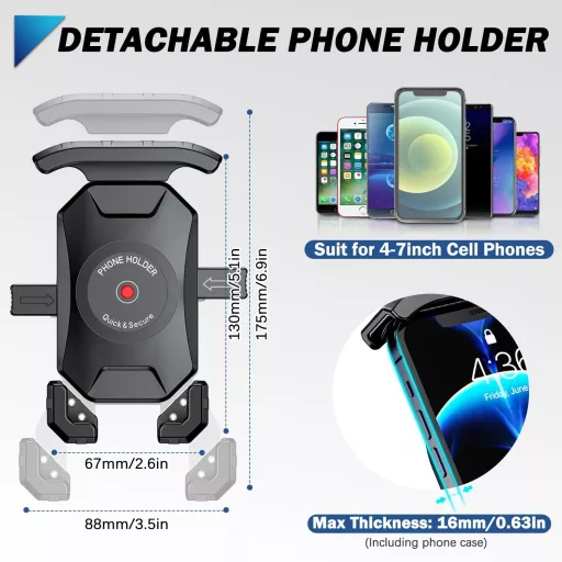 KTUEOV 360° Forgatható Motoros Telefontartó 4-7" Okostelefonhoz Tükörre Szerelhető - black