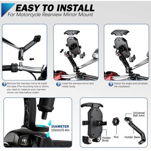 KTUEOV 360° Forgatható Motoros Telefontartó 4-7" Okostelefonhoz Tükörre Szerelhető