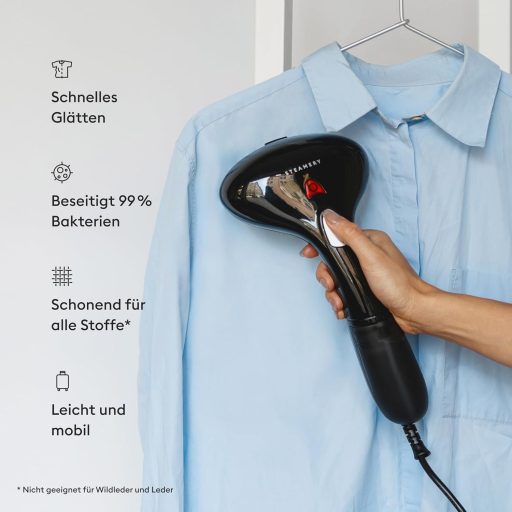 Aparat de călcat vertical cu abur Steamery Cirrus 1, 1500W, fier de călcat compact de călătorie, debit de abur 16-20g/min, încălzire în 25 secunde, anti-șifonare, negru