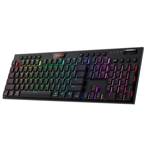 Tastatură Mecanică de Gaming Redragon K618 Horus RGB, Triplă Conectivitate, Taste Slim, Switch-uri Roșii Liniare, Control Media Dedicat