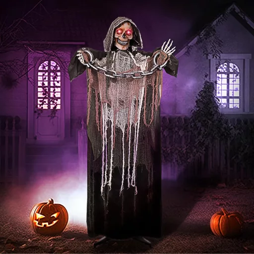 JOYIN Decor de Halloween, Schelet Animat cu Craniu, 175 cm, Cu Lanț, Ochi Luminoși și Efecte Sonore