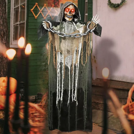 JOYIN Decor de Halloween, Schelet Animat cu Craniu, 175 cm, Cu Lanț, Ochi Luminoși și Efecte Sonore