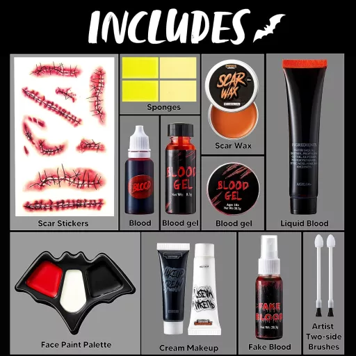 Set de machiaj Halloween Spooktacular Creations cu vopsea de față și sânge artificial, 16 bucăți