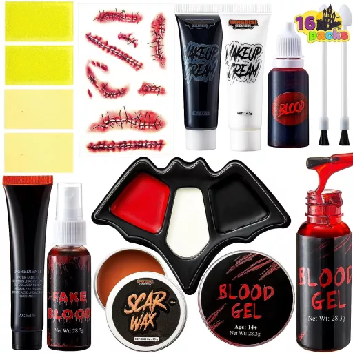 Set de machiaj Halloween Spooktacular Creations cu vopsea de față și sânge artificial, 16 bucăți
