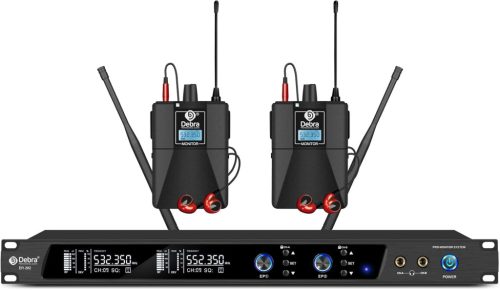 Sistem de monitorizare intraauriculară wireless, dual-canal UHF Debra Audio PRO ER-202, cu emițător și receptor, pentru scenă, studio și utilizarea muzicienilor