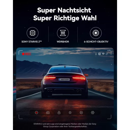 REDTIGER F7NP-4K autós fedélzeti kamera elöl-hátul, 128GB kártya, Wi-Fi6, 4K felbontás