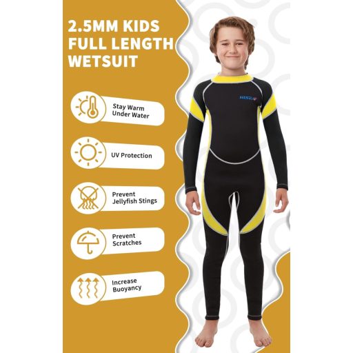 Yikayin 2,5 mm Neoprén Gyerek Búvárruha - Hosszú Ujjú Vízálló Úszóruha Hátsó Cipzárral, UV50+ Védelem Úszáshoz, Búvárkodáshoz, Szörfözéshez