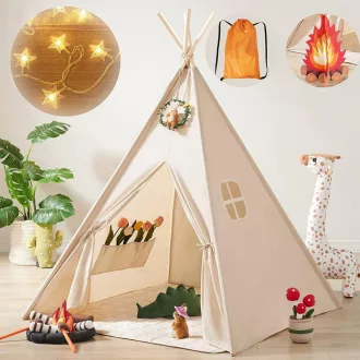   Cort de joacă pentru copii Tiny Land, cu lumini și foc de tabără de jucărie - Tipi lavabil, cu geantă de transport, spațiu de joacă interior pentru băieți și fete