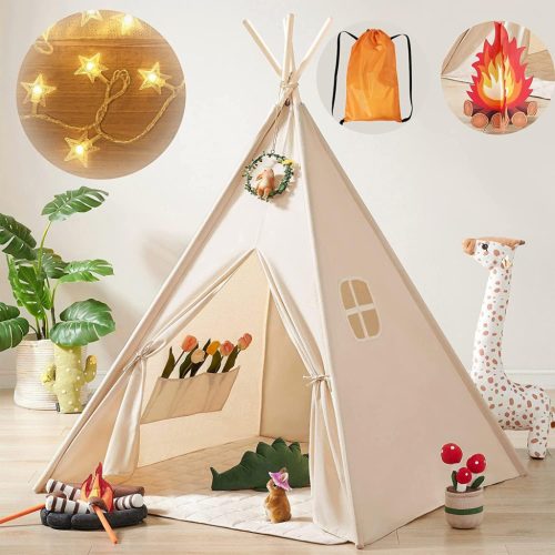 Tiny Land Gyerek Indián Sátor Fényekkel és Tábortűz Játékkal - Mosható Tipis Játszósátor Hordtáskával, Beltéri Játéktér Fiúknak és Lányoknak