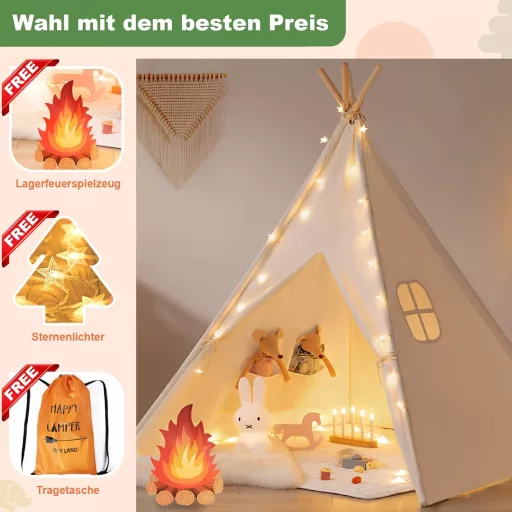 Cort de joacă pentru copii Tiny Land, cu lumini și foc de tabără de jucărie - Tipi lavabil, cu geantă de transport, spațiu de joacă interior pentru băieți și fete