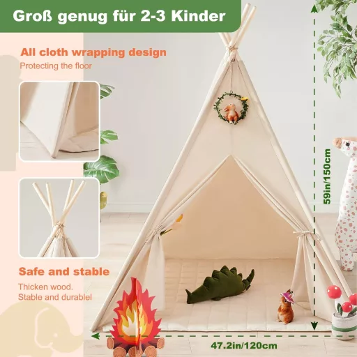 Cort de joacă pentru copii Tiny Land, cu lumini și foc de tabără de jucărie - Tipi lavabil, cu geantă de transport, spațiu de joacă interior pentru băieți și fete
