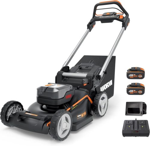 WORX WG749E PowerShare Mașină de tuns iarba cu acumulator, 40V, cu autopropulsie, motor puternic fără perii, lățime de tăiere 46cm, 7 trepte de înălțime.
