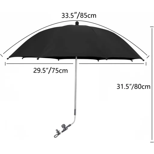 Umbrelă de soare universală pentru cărucior STARRY CITY, 75 cm diametru, cu protecție UV50+, ajustabilă cu clemă, neagră