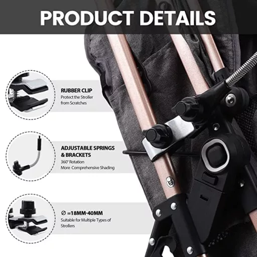 Umbrelă de soare universală pentru cărucior STARRY CITY, 75 cm diametru, cu protecție UV50+, ajustabilă cu clemă, neagră