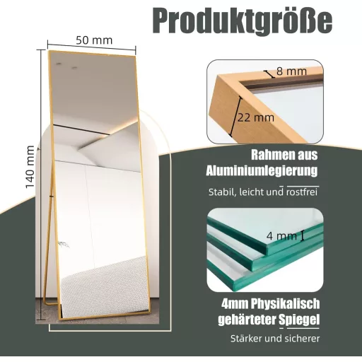AUFHELLEN Álló Tükör 140x50 cm Arany Fém Kerettel - HD Minőségű Teljes Alakos Fali Tükör Akasztóval Nappaliba, Hálószobába, Öltözőbe