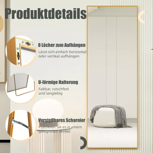 AUFHELLEN Álló Tükör 140x50 cm Arany Fém Kerettel - HD Minőségű Teljes Alakos Fali Tükör Akasztóval Nappaliba, Hálószobába, Öltözőbe