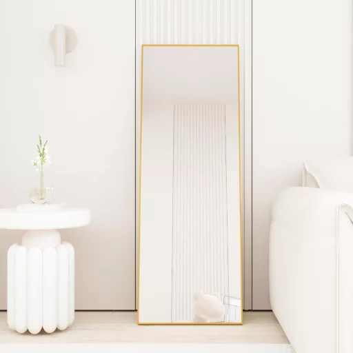 AUFHELLEN Álló Tükör 140x50 cm Arany Fém Kerettel - HD Minőségű Teljes Alakos Fali Tükör Akasztóval Nappaliba, Hálószobába, Öltözőbe