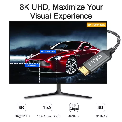 PIPIKA 1 méteres fonott ultra gyors HDMI kábel (8K @ 60Hz, 4K @ 120Hz)