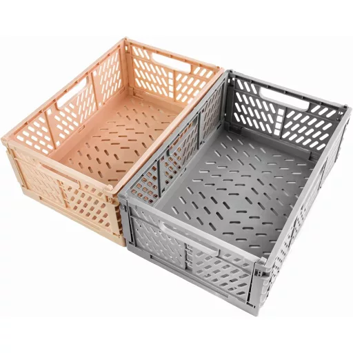 Set 2 Cutii de Depozitare Pliabile Spesh, Coș Pliabil din Plastic, Cutii de Depozitare Rezistente pentru Bucătărie Dormitor, Roz Gri 30x20x12