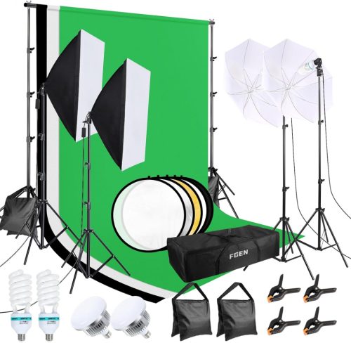 FGen Fotóstúdió Szett 2,6x3m Állvánnyal - Pamut Zöld Háttérvászonnal, 135W CFL és 85W LED Lámpákkal, Softbox Szett Termékfotózáshoz, Portréh