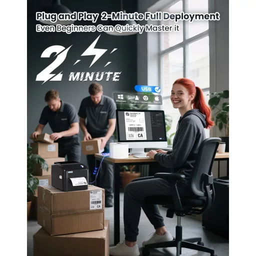 vretti USB Címkenyomtató XXL Papírtálcával - DHL Szállítási Címkékhez, Windows/Mac/ChromeOS/Linux Kompatibilis, 99,99% Vonalkód Olvasási Ará