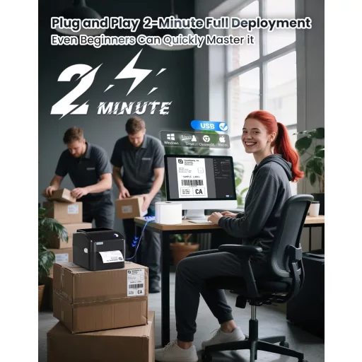 vretti USB Címkenyomtató XXL Papírtálcával - DHL Szállítási Címkékhez, Windows/Mac/ChromeOS/Linux Kompatibilis, 99,99% Vonalkód Olvasási Ará