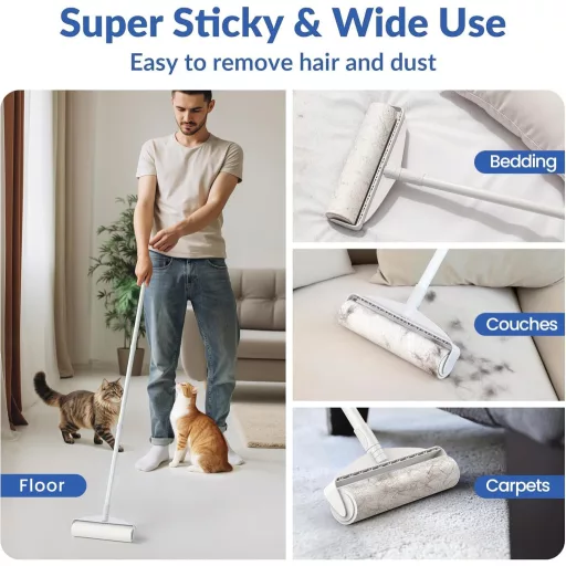 Rola Extra Mare DELOMO pentru Îndepărtarea Părului de Animale de pe Covoare cu 360 de Foi, cu Mâner Lung