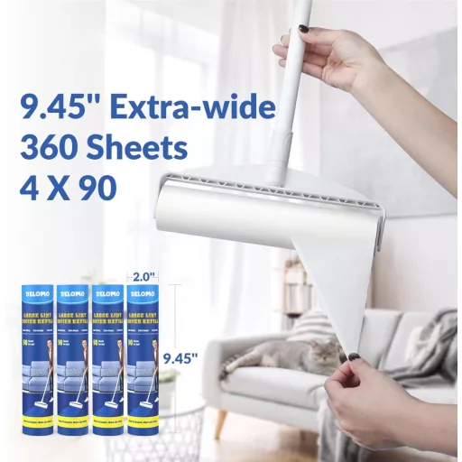 Rola Extra Mare DELOMO pentru Îndepărtarea Părului de Animale de pe Covoare cu 360 de Foi, cu Mâner Lung