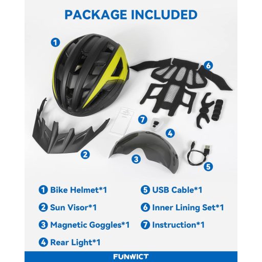 FUNWICT kerékpáros sisak napellenzővel, LED világítással és mágneses szemüvegtartóval
