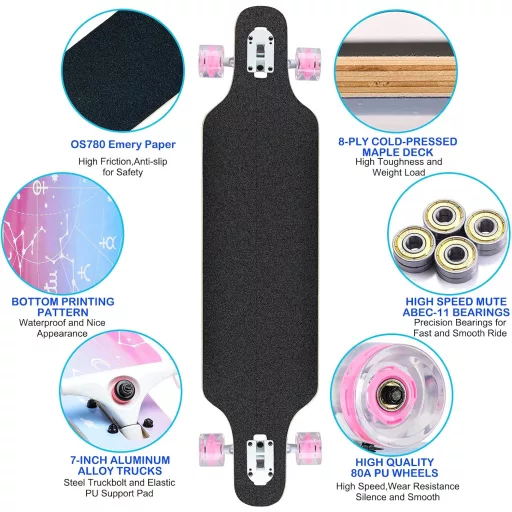 Longboard Skateboard CLYCTIP, 8 straturi de arțar, pentru începători și adulți, tip cruiser