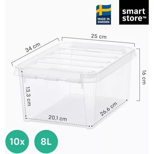 Set 10 Cutii de Depozitare SmartStore 8L, Transparente, Potrivite pentru Alimente, cu Închidere Sigură