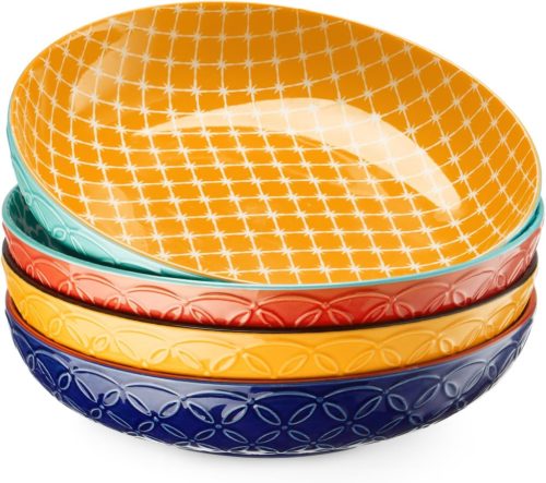 Set de farfurii pentru paste DOWAN Porțelan, 4 buc, Boluri adânci 21,5cm, Farfurii rotunde pentru supă, Pot fi folosite în mașina de spălat vase și la microunde, Colorat
