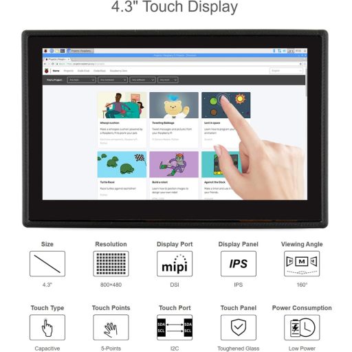 Waveshare 4.3" DSI LCD kijelző Raspberry Pi 4B-hez, 800×480 érintőképernyő