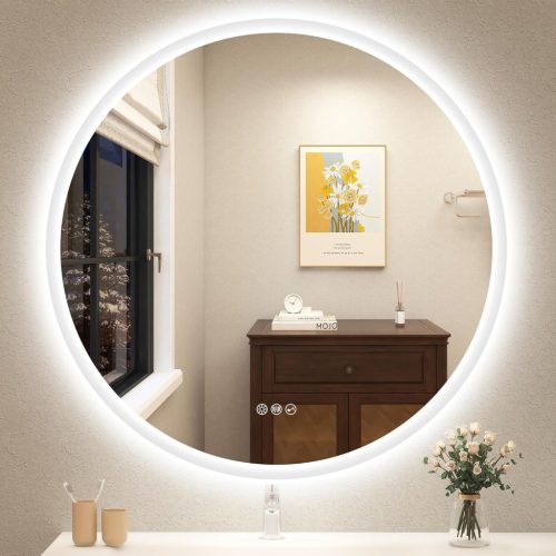STARLEAD Oglindă de baie rotundă de 80 cm cu difuzor Bluetooth, iluminare LED cu intensitate reglabilă, 3 temperaturi de culoare, dezaburire, I