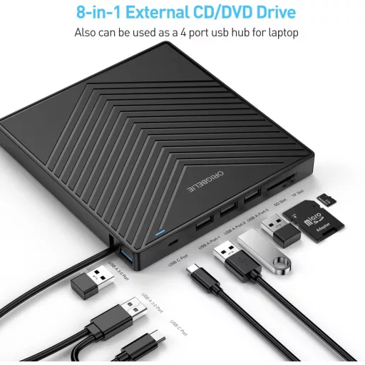 Unitate DVD externă ORIGBELIE USB 3.0, 4 porturi USB, cititor de carduri SD pentru laptop, Mac, PC